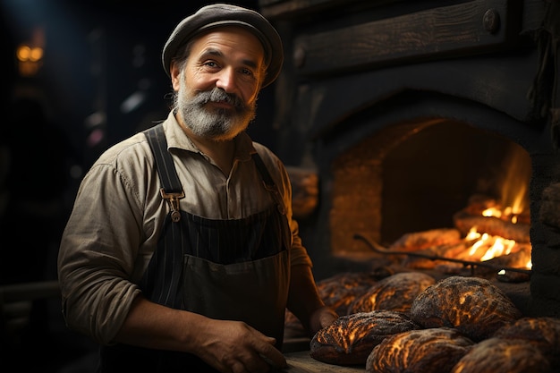 Retrato de un panadero senior en su panadería. Está mirando a la cámara y sonriendo.