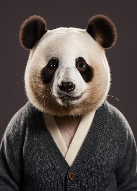 Retrato de un panda que está vestido con un cardigan y una camisa para una sesión de fotos en un marrón castaño