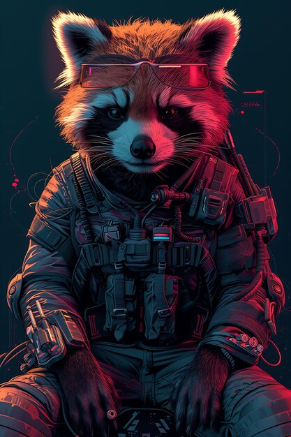 Retrato de panda rojo con armadura corporal de fibra de carbono realidad aumentada Tat póster cibernético volante