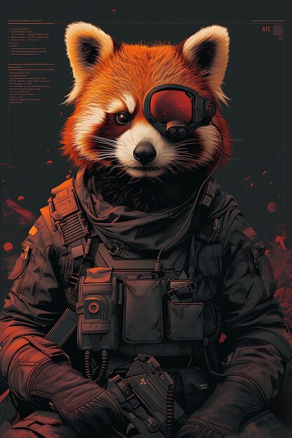 Retrato de panda rojo con armadura corporal de fibra de carbono realidad aumentada Tat póster cibernético volante