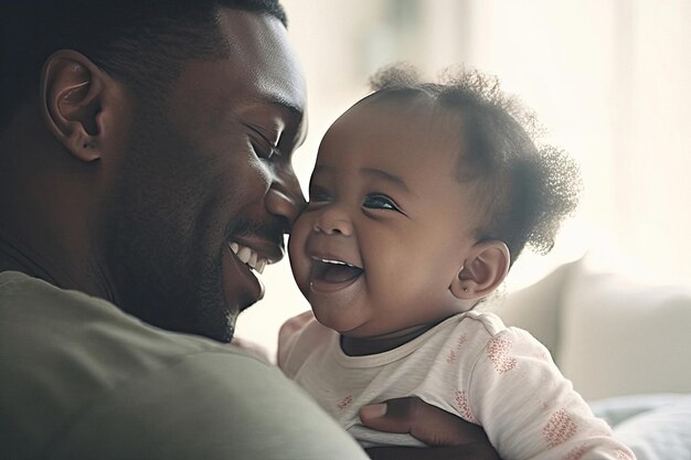 Retrato de un papá amoroso sonriente con un lindo bebé feliz en casa creado con IA generativa