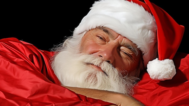 Retrato de Papá Noel durmiendo en una manta roja aislada sobre un fondo negro