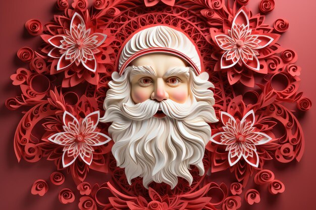 Retrato de Papá Noel sobre un fondo de flores rojas y blancas en un estilo de corte de papel Postal