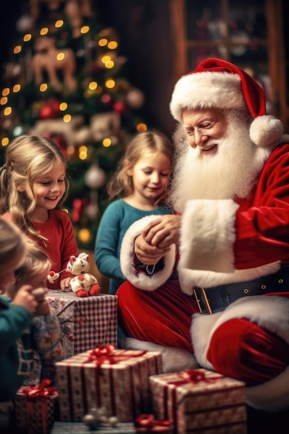 Retrato de Papá Noel con sombrero de Navidad dando regalos a un niño generado por IA