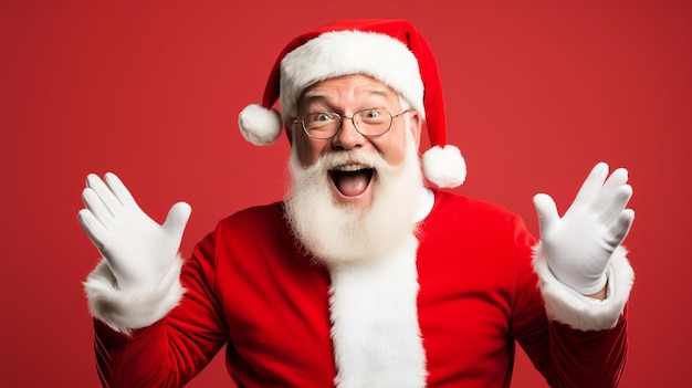 Retrato de un Papá Noel sonriente con sombrero y larga barba blanca mirando el fondo rojo de la cámara