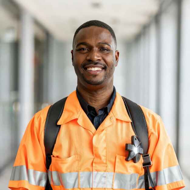 Retrato de un paramédico afroamericano negro de EMS orgulloso de estar de pie frente a la cámara