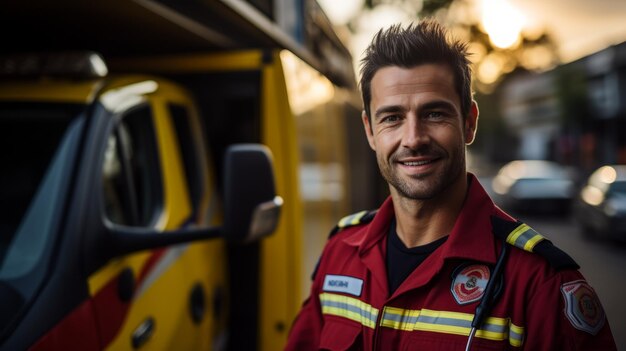 Foto retrato de un paramédico varón sonriente en uniforme de pie frente a una ambulancia