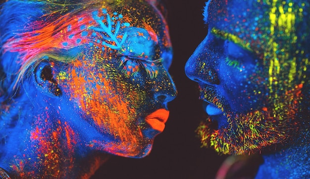 Retrato de una pareja de amantes pintados en polvo fluorescente.