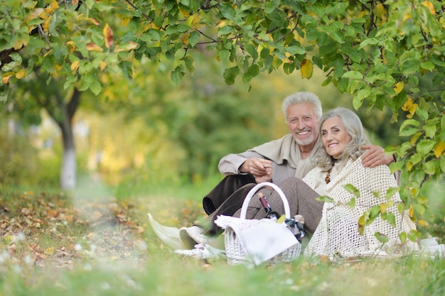 Retrato de una pareja de ancianos haciendo un picnic en el parque