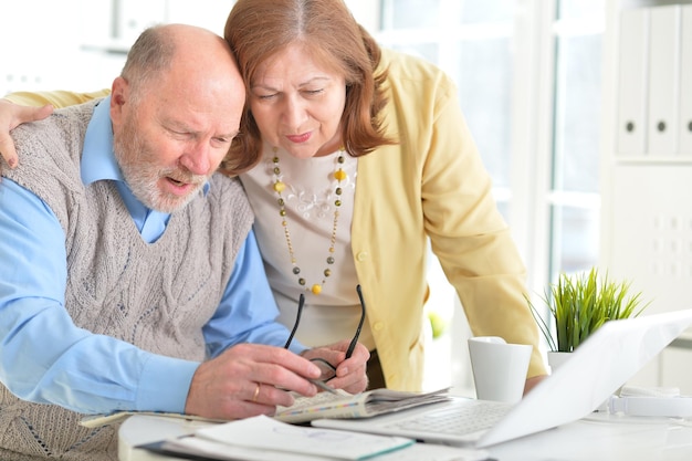 Retrato de una pareja de ancianos con un portátil