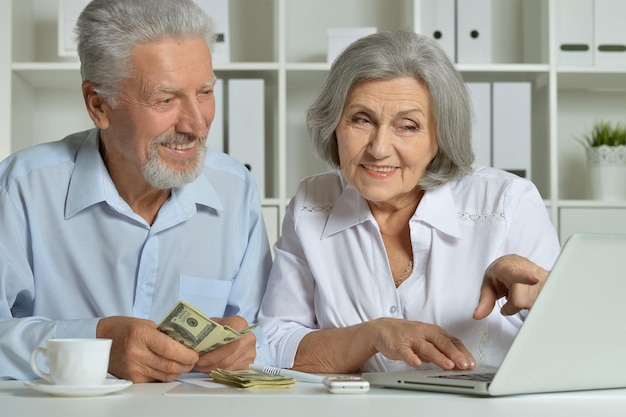 Retrato de una pareja de ancianos con un portátil