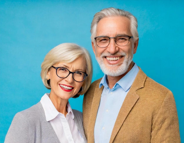 Retrato de una pareja de ancianos sonrientes de cabello gris, jubilados felices, hombre y mujer con dientes blancos.