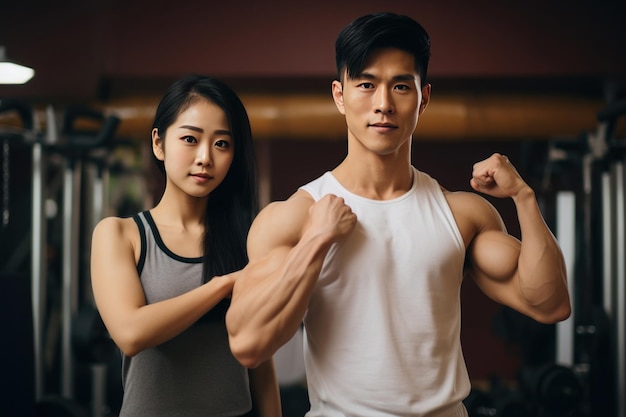 Foto retrato de una pareja asiática flexionando sus músculos trabajando en el gimnasio salud y bienestar