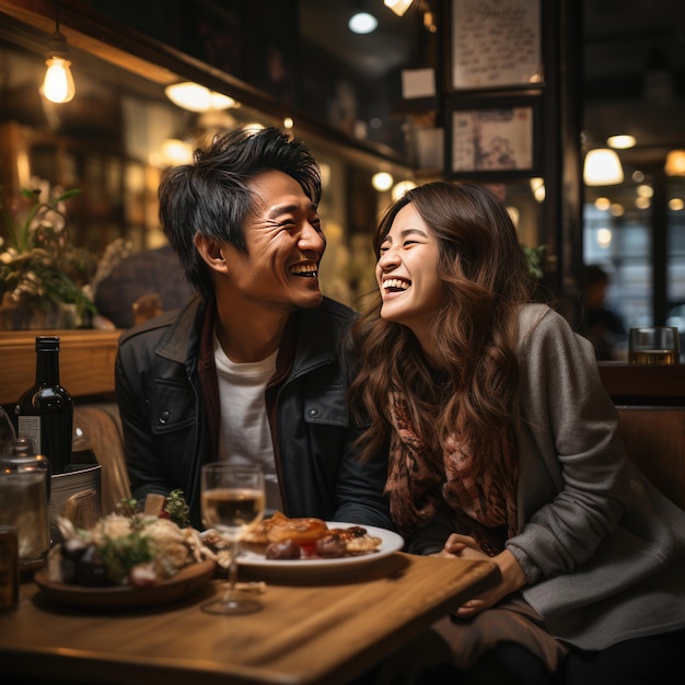 Foto retrato de una pareja asiática riendo disfrutando de una cita en un café