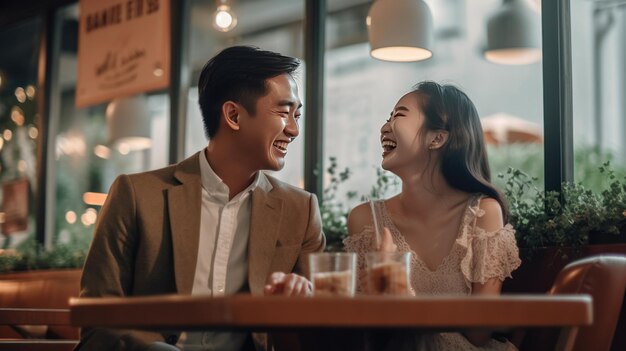 Foto retrato de una pareja asiática riendo disfrutando de una cita en un café