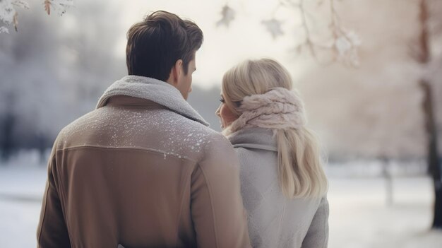 Retrato de una pareja feliz blanca con un ambiente invernal como fondo con espacio para el texto