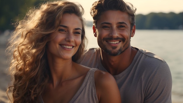 Foto retrato de una pareja feliz muy enamorada