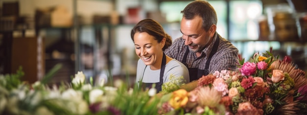 Retrato de una pareja feliz trabajando en una floristería