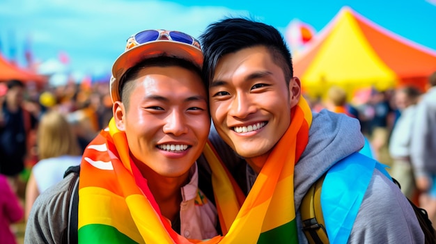 Foto retrato de una pareja gay asiática en verano
