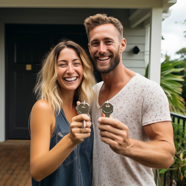 Retrato de una pareja joven y feliz de inquilinos caucásicos que muestran las llaves de la casa compran la primera casa compartida juntos inquilinos sonrientes hombres y mujeres se mudan a su nueva casa Concepto de reubicación de alquiler de realidad