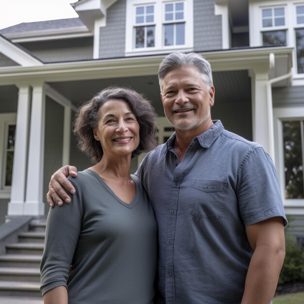 Retrato de una pareja madura feliz parada frente a su nueva casa