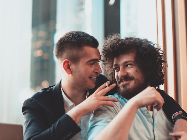 Retrato de una pareja masculina romántica LGBT diversa multiétnica abrazando y mostrando su amor y fumando cigarrillos. foto de alta calidad