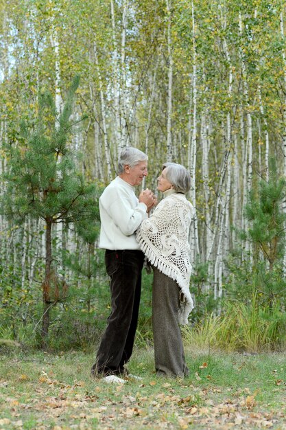 retrato, de, pareja mayor, bailando, en, otoño, bosque