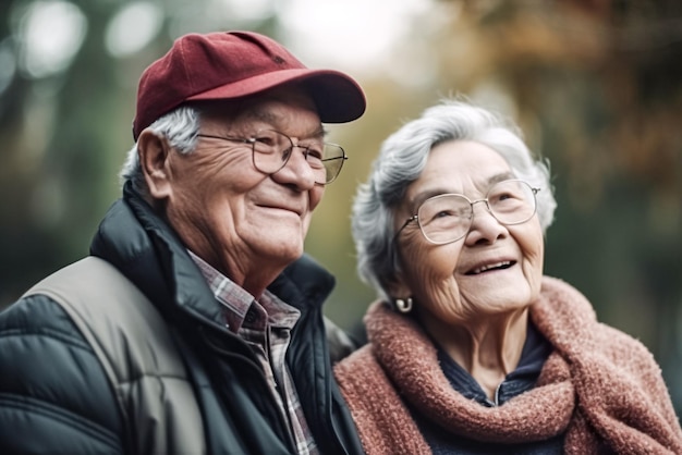 Retrato de una pareja mayor en un paseo por el parque IA generativa