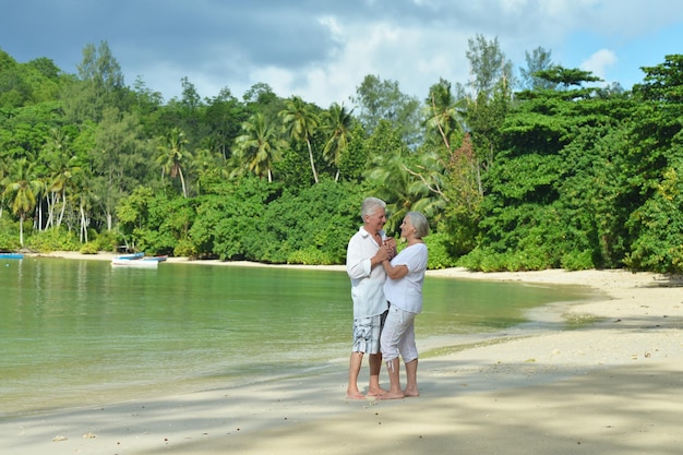 retrato, de, pareja mayor, en, playa tropical