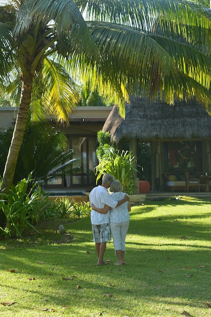 Retrato, de, un, pareja mayor, relajante, cerca, hotel resort