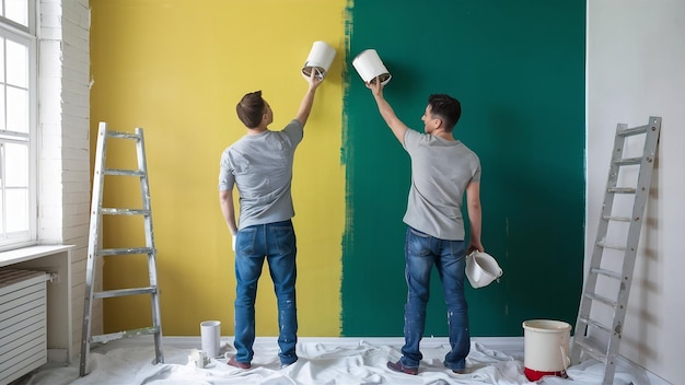 Retrato de una pareja pintando la pared interior en un nuevo apartamento