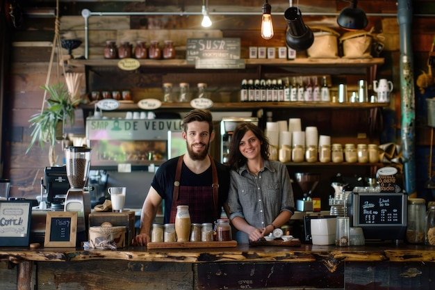 Retrato de una pareja que dirige una cafetería detrás del mostrador