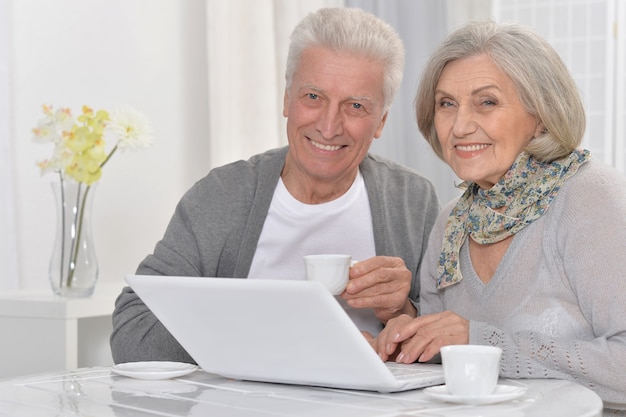 Retrato de pareja senior con portátil en casa