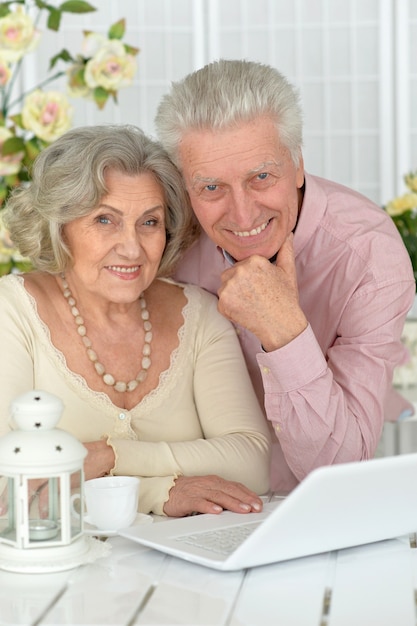 Retrato de pareja senior con portátil en casa