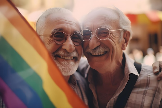 Foto retrato de pareja senior sonriente con banderas del arco iris en la calle