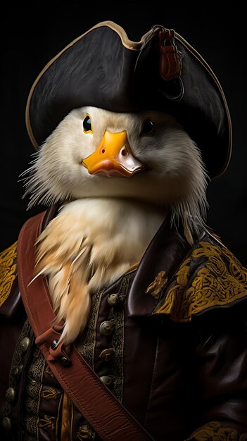 Retrato del pato pirata que cuaca el traje de la barba cuaca con plumas el tricornio Ha diseño de moda el arte del traje