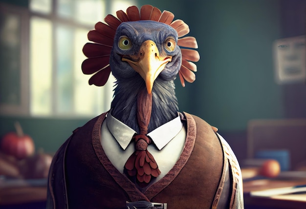 Retrato de un pavo antropomórfico vestido de colegial en un salón de clases Generar Ai