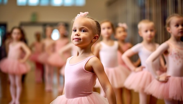 Retrato de una pequeña bailarina linda y orgullosa en traje de ballet rosa y zapatos de punta está bailando