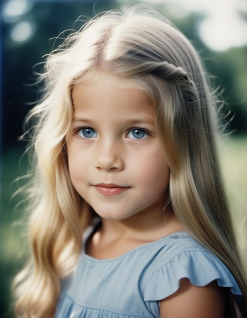 Foto retrato de una pequeña, hermosa y bonita chica caucásica con cabello largo y rubio, ojos azules y mejillas regordetas.