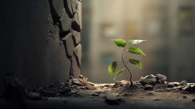 Retrato de una pequeña planta que crece en el suelo seco a la luz del sol IA generativa