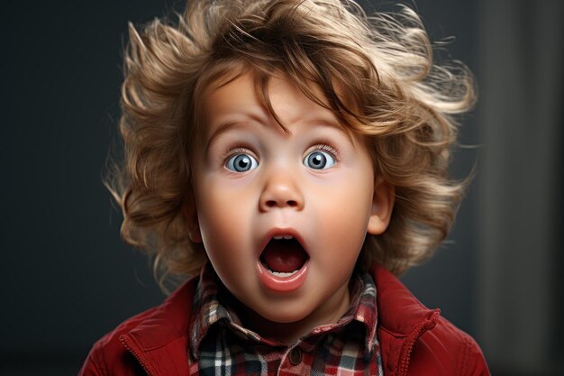 Retrato de un pequeño niño encantador con emociones en su rostro.