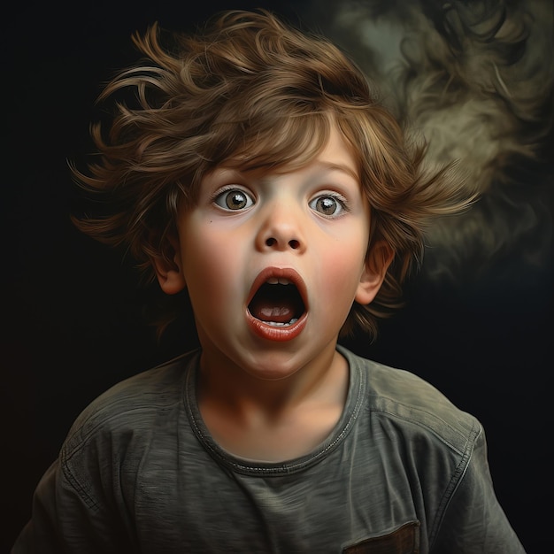 Retrato de un pequeño niño europeo que parece extremadamente sorprendido con la boca abierta