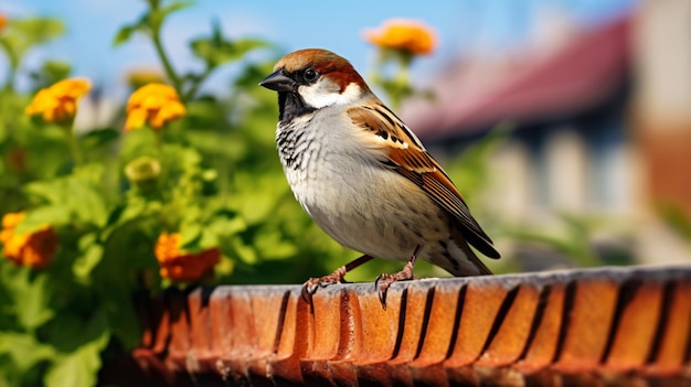 Retrato pequeño de un pájaro gorrión sentado en una valla