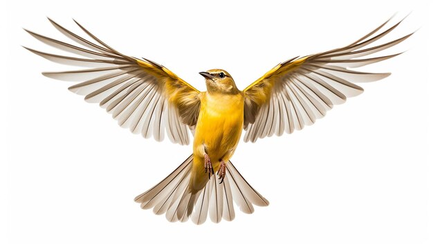 retrato de un pequeño pájaro volando alas extendidas y plumas enrojecidas en un fondo blanco aislado