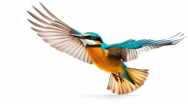 retrato de un pequeño pájaro volando alas extendidas y plumas enrojecidas en un fondo blanco aislado