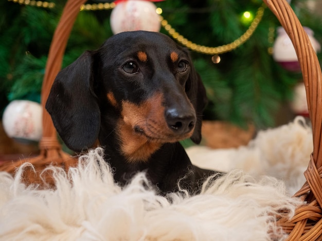 Retrato pequeño perro dachshund en la cesta en el fondo del árbol de navidad de fondo