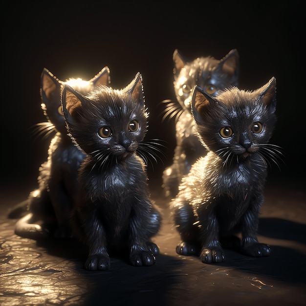 Retrato de pequeños gatos negros en la noche Mascotas adorables