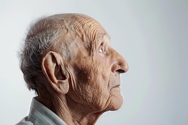 Foto retrato de perfil de un anciano con piel arrugada aislado sobre un fondo blanco