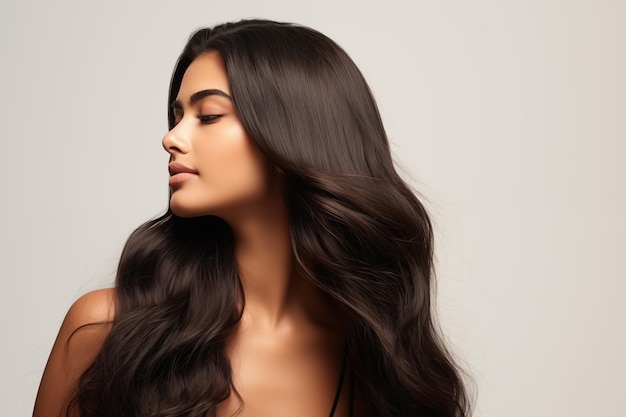 Retrato de perfil de una hermosa mujer india morena con cabello largo y brillante sobre el fondo beige