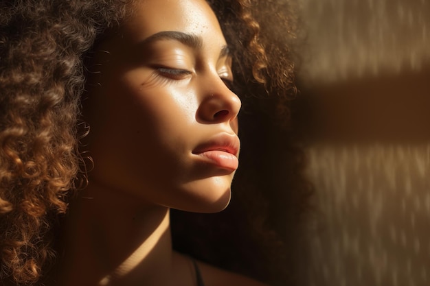 Retrato de perfil de una hermosa mujer de raza mixta con cabello castaño rizado a la luz del sol